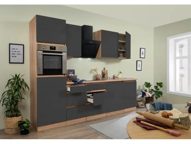 Respekta Küchenzeile ohne E-Geräte 280 cm Grifflos Grau Hochglanz-Eiche Sägerau