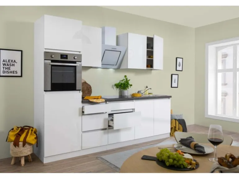 Respekta Küchenzeile ohne E-Geräte 270 cm Grifflos Weiß Hochglanz