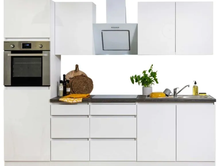 Respekta Küchenzeile ohne E-Geräte 270 cm Grifflos Weiß Hochglanz