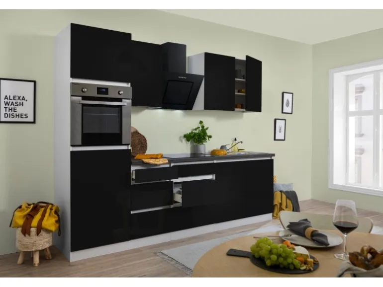 Respekta Küchenzeile ohne E-Geräte 270 cm Grifflos Schwarz Hochglanz-Weiß