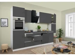 Respekta Küchenzeile ohne E-Geräte 330 cm Grifflos Grau Hochglanz-Weiß