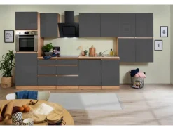 Respekta Küchenzeile ohne E-Geräte 380 cm Grifflos Grau Hochglanz-Eiche Sägerau