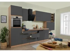 Respekta Küchenzeile ohne E-Geräte 380 cm Grifflos Grau Hochglanz-Eiche Sägerau