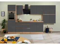 Respekta Küchenzeile ohne E-Geräte 370 cm Grifflos Grau Hochglanz-Eiche Sägerau