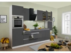Respekta Küchenzeile ohne E-Geräte 320 cm Grifflos Grau Hochglanz-Weiß