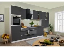 Respekta Küchenzeile ohne E-Geräte 370 cm Grifflos Grau Hochglanz-Weiß