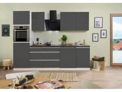 Respekta Küchenzeile ohne E-Geräte 280 cm Grifflos Grau Hochglanz-Weiß