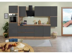 Respekta Küchenzeile ohne E-Geräte 330 cm Grifflos Grau Hochglanz-Eiche Sägerau