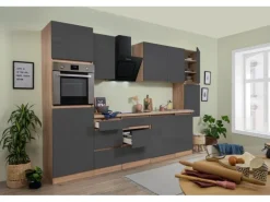 Respekta Küchenzeile ohne E-Geräte 330 cm Grifflos Grau Hochglanz-Eiche Sägerau