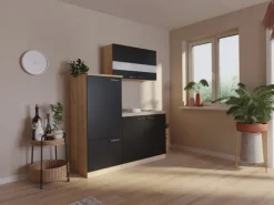 Respekta Miniküche KB160ESS 160 cm Schwarz-Eiche Sonoma Sägerau Nachbildung