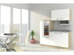 Respekta Miniküche KB160ESWMI 160 cm Weiß-Eiche Sonoma Nachbildung Mikrowelle