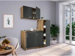 Respekta Miniküche MK130ESGOS 130 cm Grau-Eiche Sägerau Nachbildung