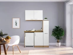 Respekta Miniküche MK130ESWOS 130 cm Weiß-Eiche Sägerau Nachbildung