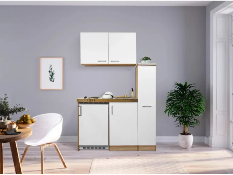 Respekta Miniküche MK130ESWOS 130 cm Weiß-Eiche Sägerau Nachbildung