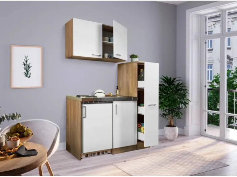 Respekta Miniküche MK130ESWOS 130 cm Weiß-Eiche Sägerau Nachbildung