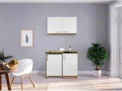 Respekta Miniküche MK100ESWOSC 100 cm Weiß-Eiche Sägerau Nachbildung