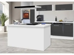 Respekta Premium Inselküche 310 cm Grau Hochglanz-Weiß