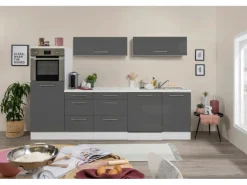 Respekta Premium Inselküche 280 cm Grau Hochglanz-Weiß
