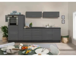 Respekta Premium Inselküche 310 cm Grau Hochglanz-Eiche Grau