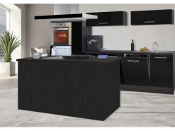 Respekta Premium Inselküche 310 cm Schwarz Hochglanz-Eiche Grau