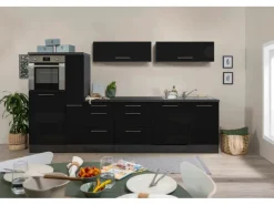 Respekta Premium Inselküche 310 cm Schwarz Hochglanz-Eiche Grau