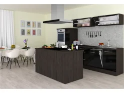 Respekta Premium Inselküche 310 cm Schwarz Hochglanz-Eiche Grau