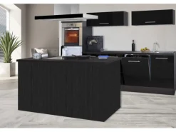 Respekta Premium Inselküche 280 cm Schwarz Hochglanz-Eiche Grau