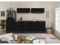 Respekta Premium Inselküche 280 cm Schwarz Hochglanz-Eiche Grau