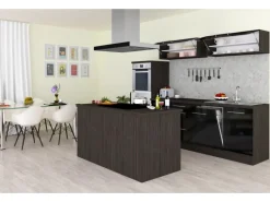 Respekta Premium Inselküche 280 cm Schwarz Hochglanz-Eiche Grau
