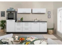 Respekta Premium Inselküche 280 cm Weiß Hochglanz-Eiche Grau