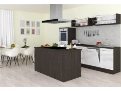 Respekta Premium Inselküche 280 cm Weiß Hochglanz-Eiche Grau