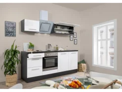 Respekta Premium Küchenzeile 210 cm Weiß Hochglanz-Eiche Grau mit 60 l Ofen