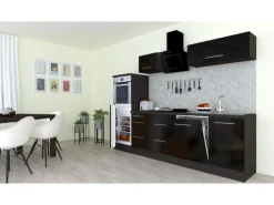 Respekta Premium Küchenzeile 280 cm Hochbau Schwarz Hochglanz-Eiche Grau