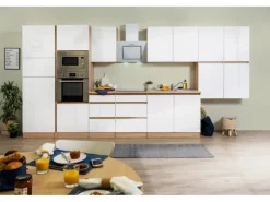 Respekta Premium Küchenzeile Grifflos 435 cm Weiß Hochglanz-Eiche Sägerau