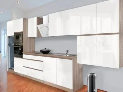 Respekta Premium Küchenzeile Grifflos 435 cm Weiß Hochglanz-Eiche Sägerau