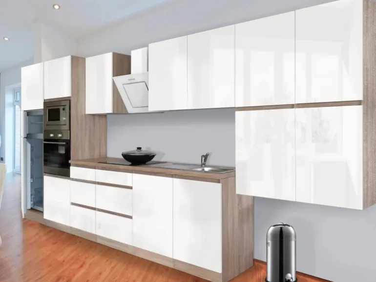 Respekta Premium Küchenzeile Grifflos 435 cm Weiß Hochglanz-Eiche Sägerau