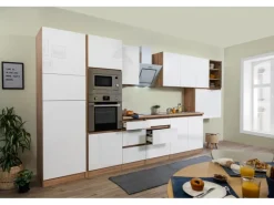 Respekta Premium Küchenzeile Grifflos 435 cm Weiß Hochglanz-Eiche Sägerau