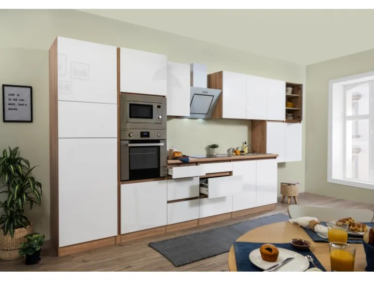 Respekta Premium Küchenzeile Grifflos 435 cm Weiß Hochglanz-Eiche Sägerau