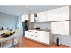 Respekta Premium Küchenzeile Grifflos 435 cm Weiß Hochglanz-Eiche Sägerau