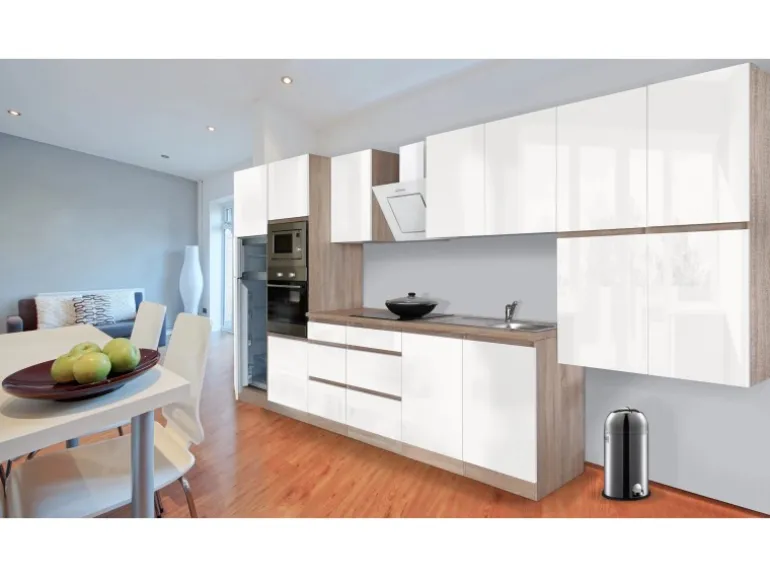 Respekta Premium Küchenzeile Grifflos 435 cm Weiß Hochglanz-Eiche Sägerau