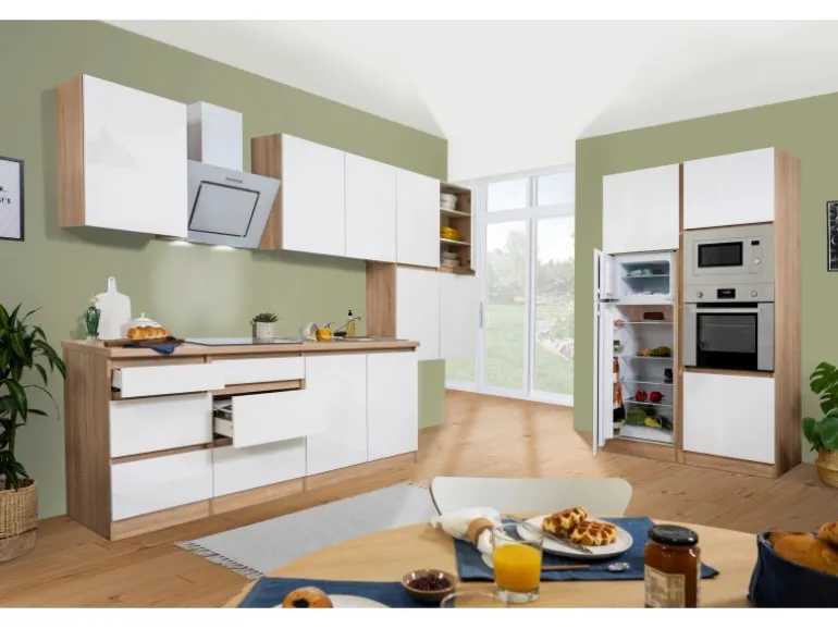 Respekta Premium Küchenzeile Grifflos 435 cm Weiß Hochglanz-Eiche Sägerau