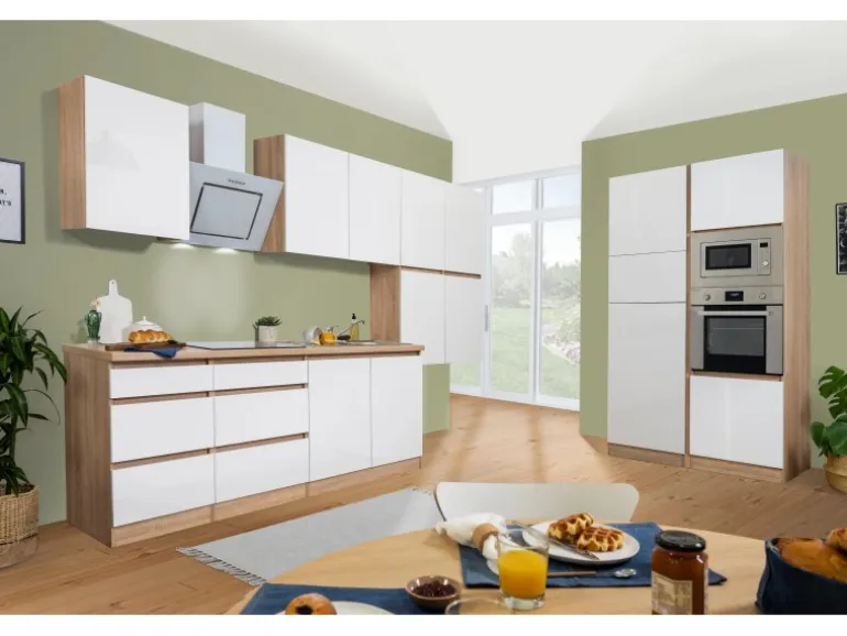 Respekta Premium Küchenzeile Grifflos 435 cm Weiß Hochglanz-Eiche Sägerau