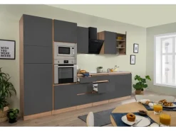 Respekta Premium Küchenzeile Grifflos 335 cm Grau Hochglanz-Eiche Sägerau