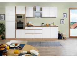 Respekta Premium Küchenzeile Grifflos 335 cm Weiß Hochglanz-Eiche Sägerau