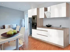 Respekta Premium Küchenzeile Grifflos 335 cm Weiß Hochglanz-Eiche Sägerau