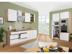 Respekta Premium Küchenzeile Grifflos 335 cm Weiß Hochglanz-Eiche Sägerau