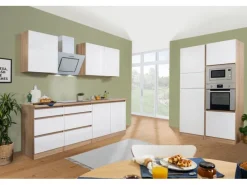 Respekta Premium Küchenzeile Grifflos 335 cm Weiß Hochglanz-Eiche Sägerau