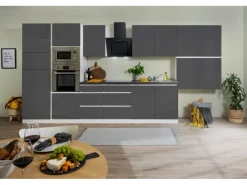 Respekta Premium Küchenzeile Grifflos 435 cm Grau Hochglanz-Weiß