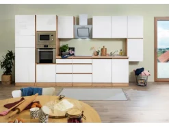 Respekta Premium Küchenzeile Grifflos 395 cm Weiß Hochglanz-Eiche Sägerau