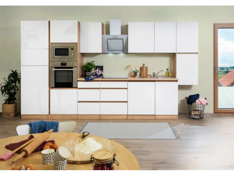 Respekta Premium Küchenzeile Grifflos 395 cm Weiß Hochglanz-Eiche Sägerau